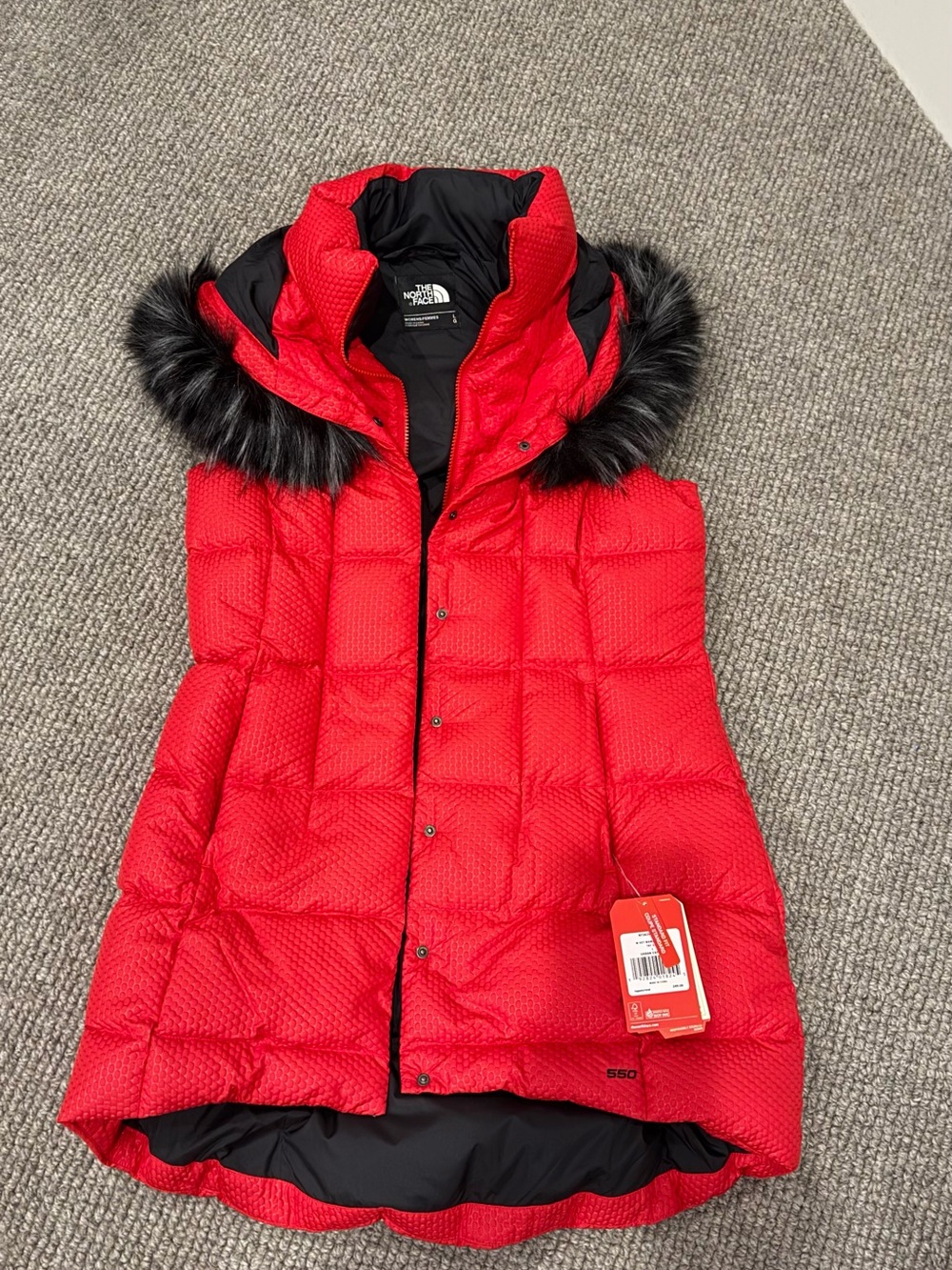 The North Face Bright Red Quilted Jacket with Tag Detail